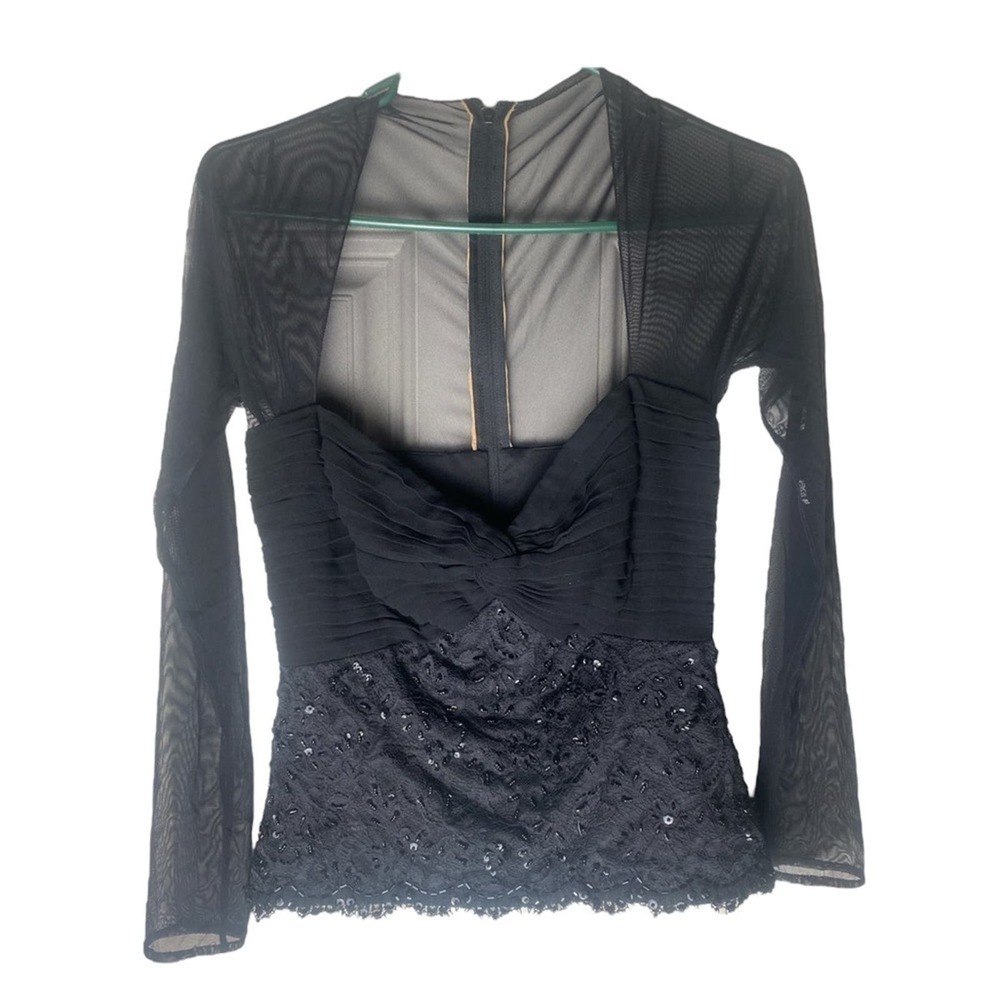 Tadashi Collection Mesh Long Sleeve Beaded Blouse Black SZ. 4